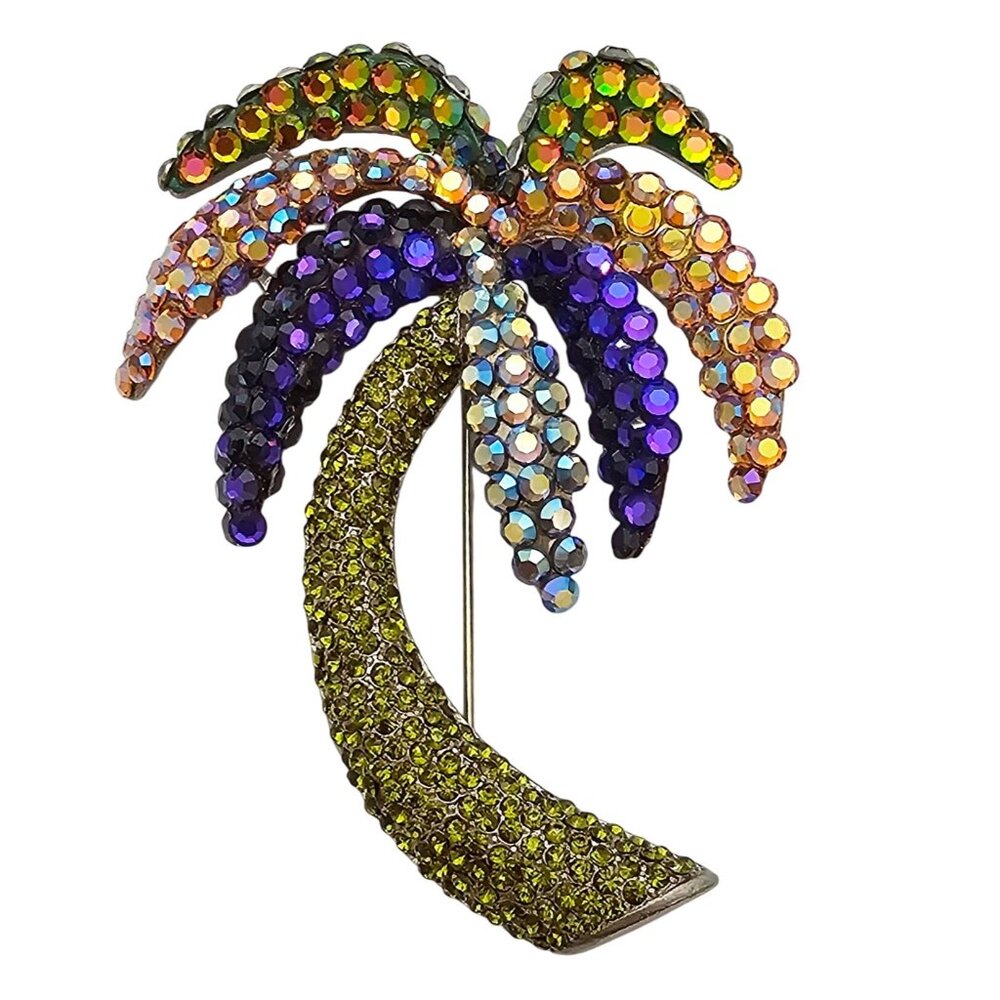 Tara Purple Green AB Crystal Palm Tree Brooch, Rare Pin Signed J516